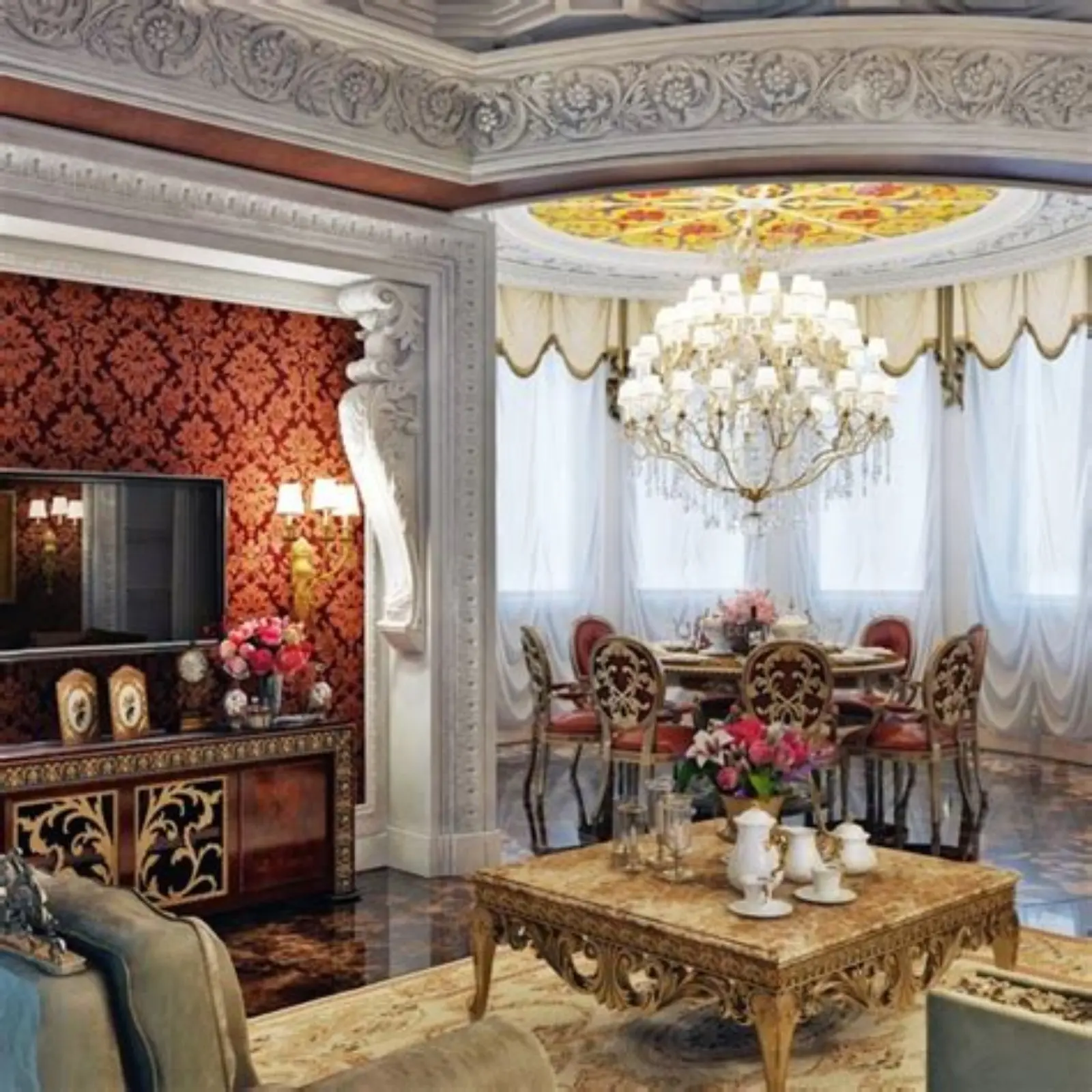 Интерьер в глубоких бордовых и золотых тонах