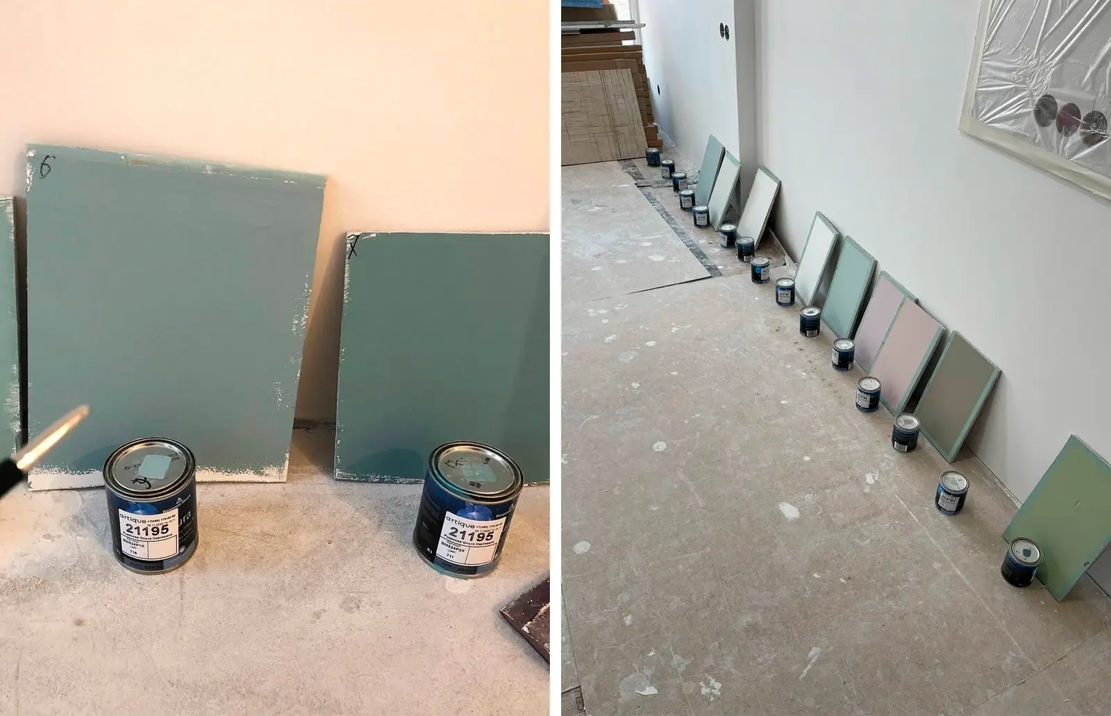 Выкрасы зелёных оттенков на картонных образцах, расставленных вдоль стены